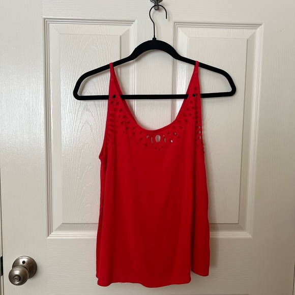 Red tank blouse with eyelette cut out design, medium - Picture 1 of 3